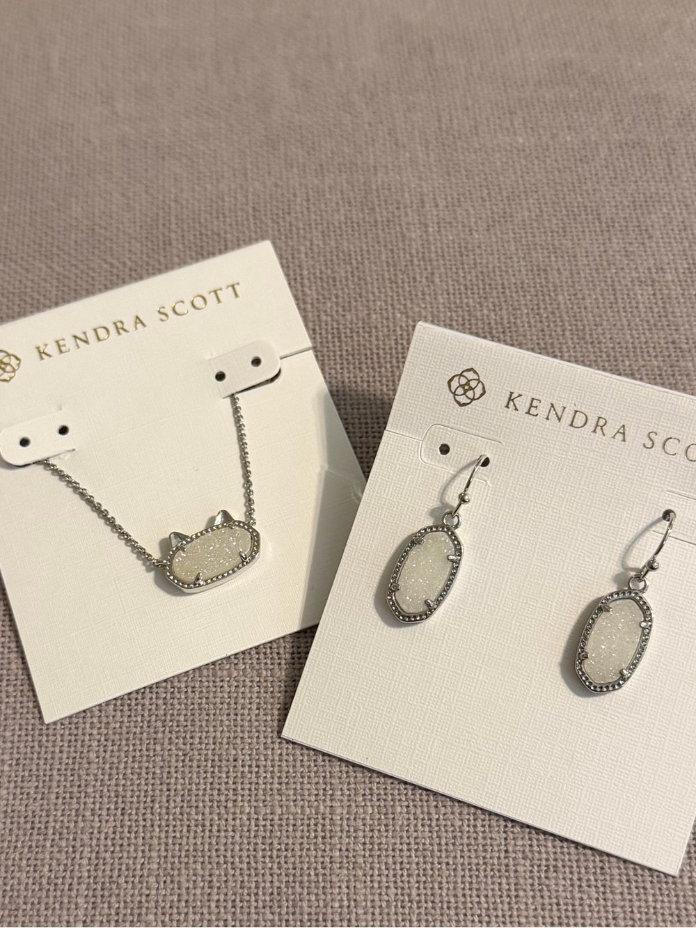 Kendra Scott Silver Drusy Cat Necklace and Dangle Earrings in White